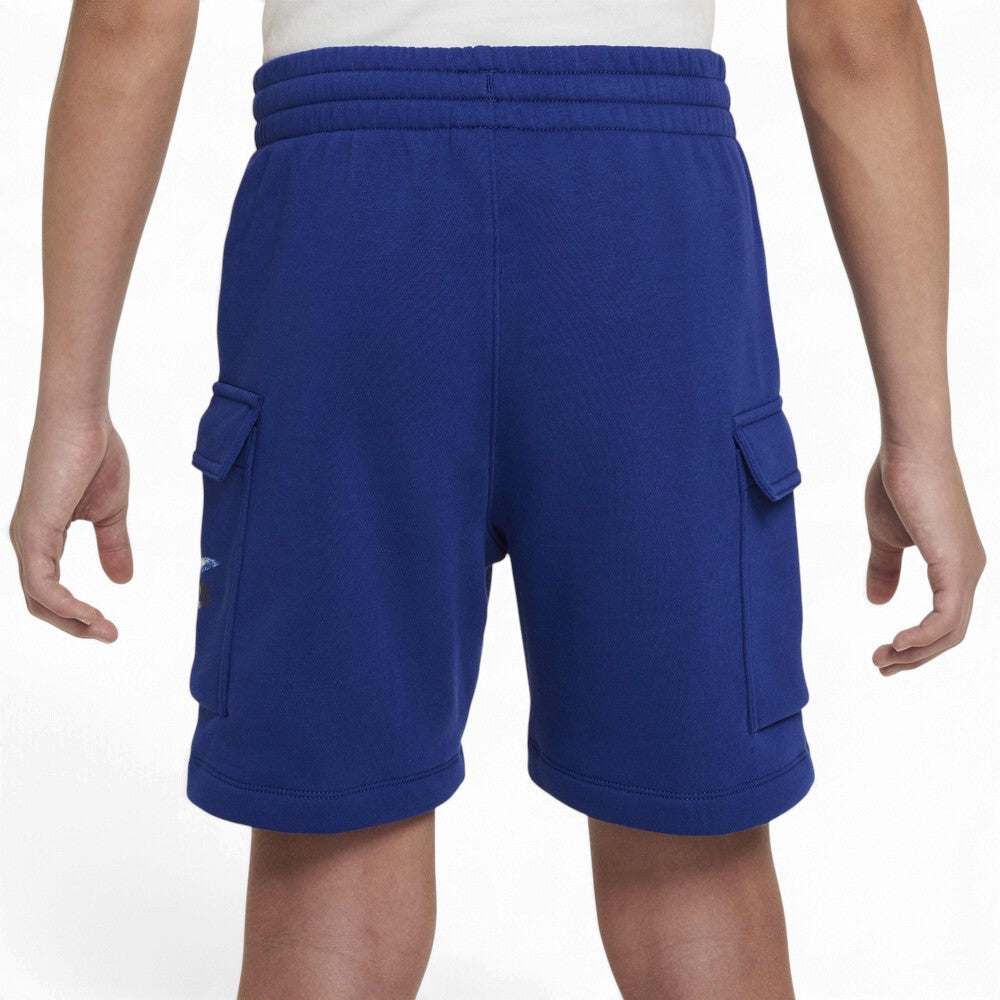A person wearing royal blue cargo-style shorts with an elastic waistband, shown from the back against a plain white background.