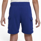 A person wearing royal blue cargo-style shorts with an elastic waistband, shown from the back against a plain white background.