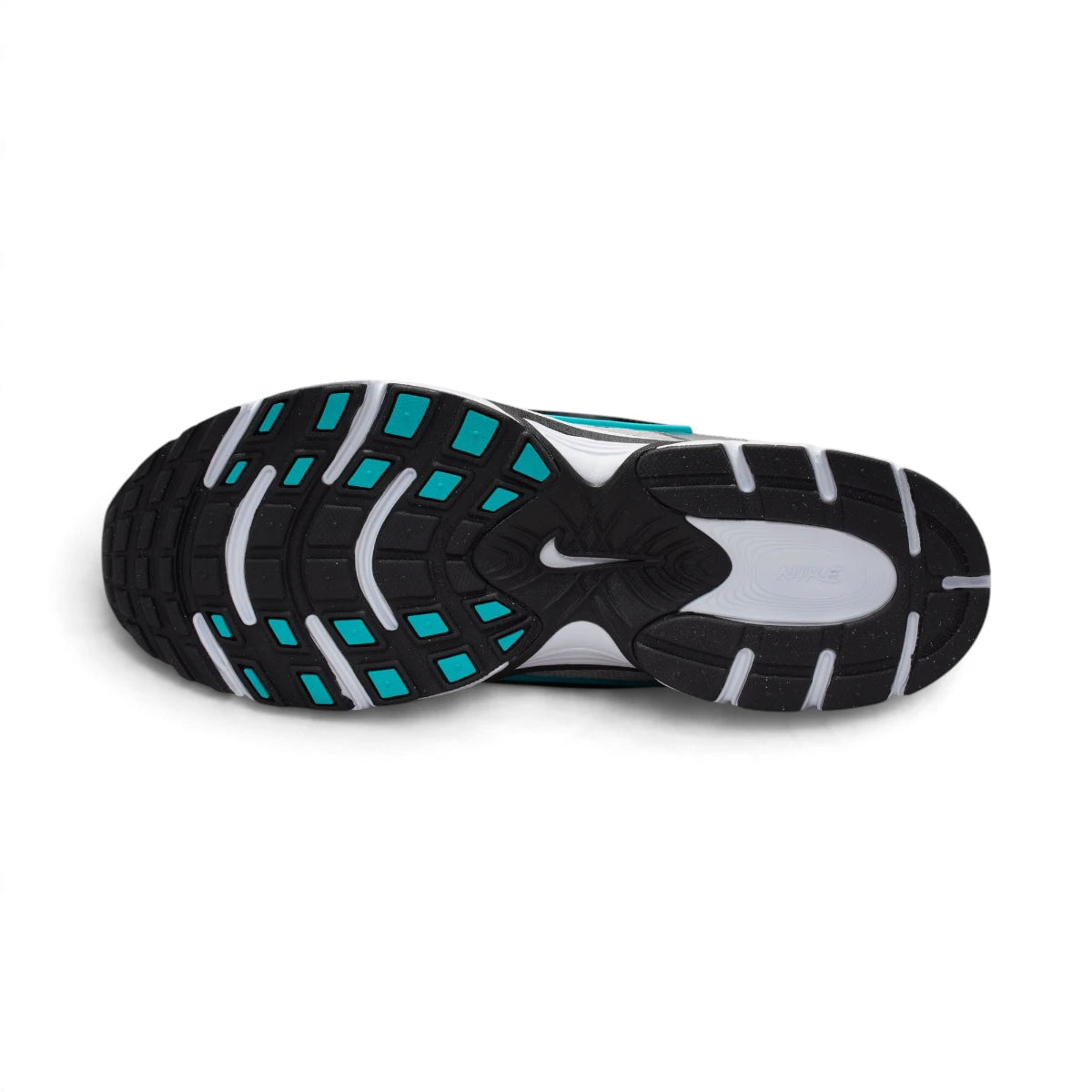 Bottom profile of the running shoe displaying the black and teal multi-surface rubber traction pattern and integrated grip pods.