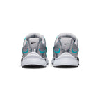 Rear view of the sneakers emphasizing the silver metallic heel counters, embroidered black Nike Swooshes, and white sole cushioning.