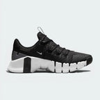 Side Profile Image: The Black Free Metcon 5, highlighting the technical mesh upper and the transition from the flexible forefoot to the stable Anthracite heel.