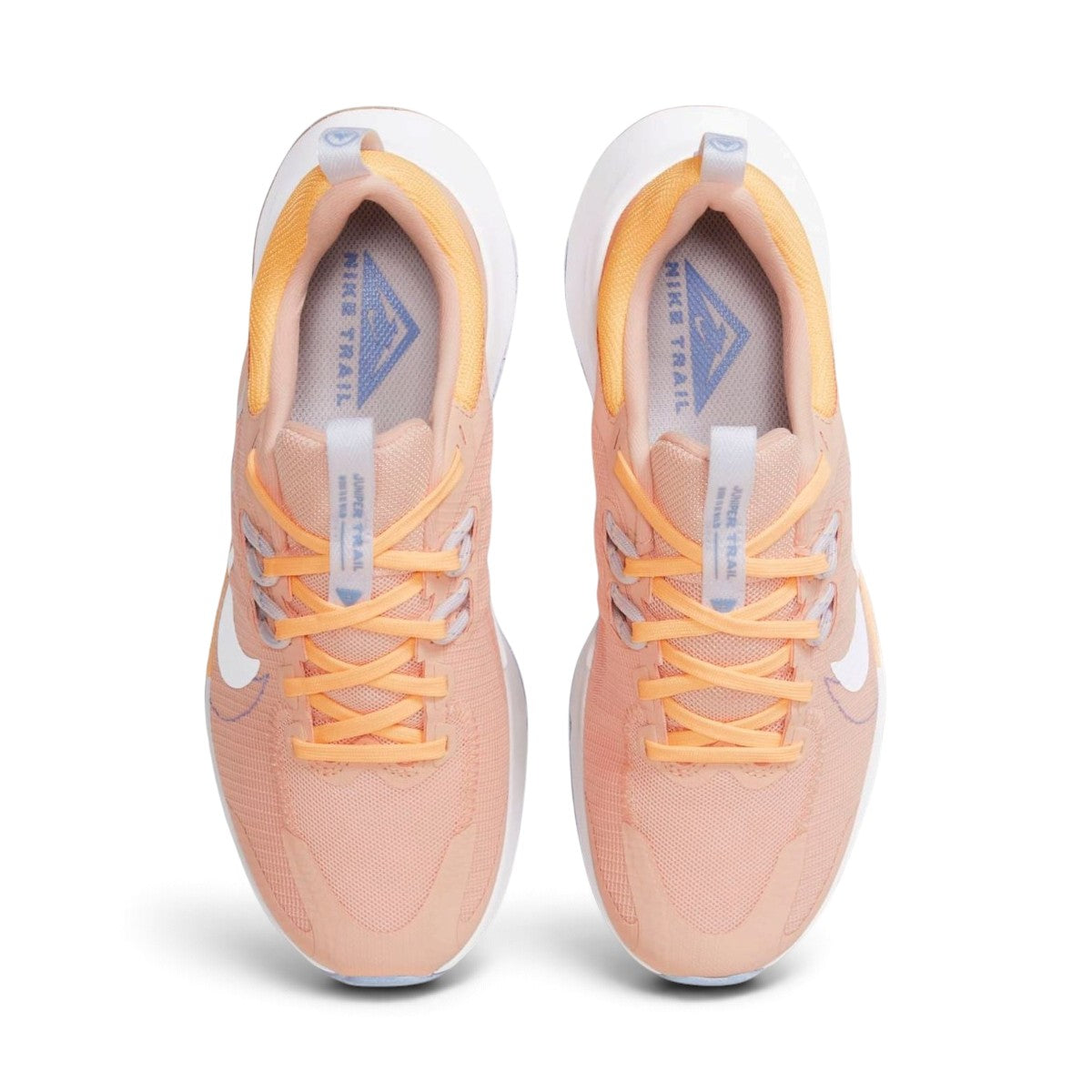 Overhead view looking down at the laced trail shoes, displaying the orange flat laces, branded tongue pull tabs with Juniper Trail text, and printed insoles.