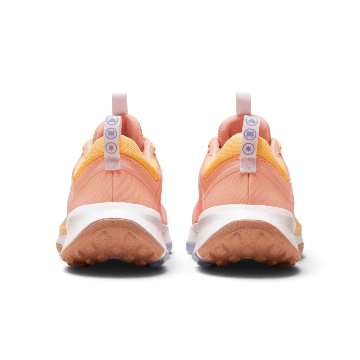 Rear-facing perspective focusing on the structured heel counters, vertical webbing pull loops adorned with outdoor icons, and the curved base of the rugged outsole.