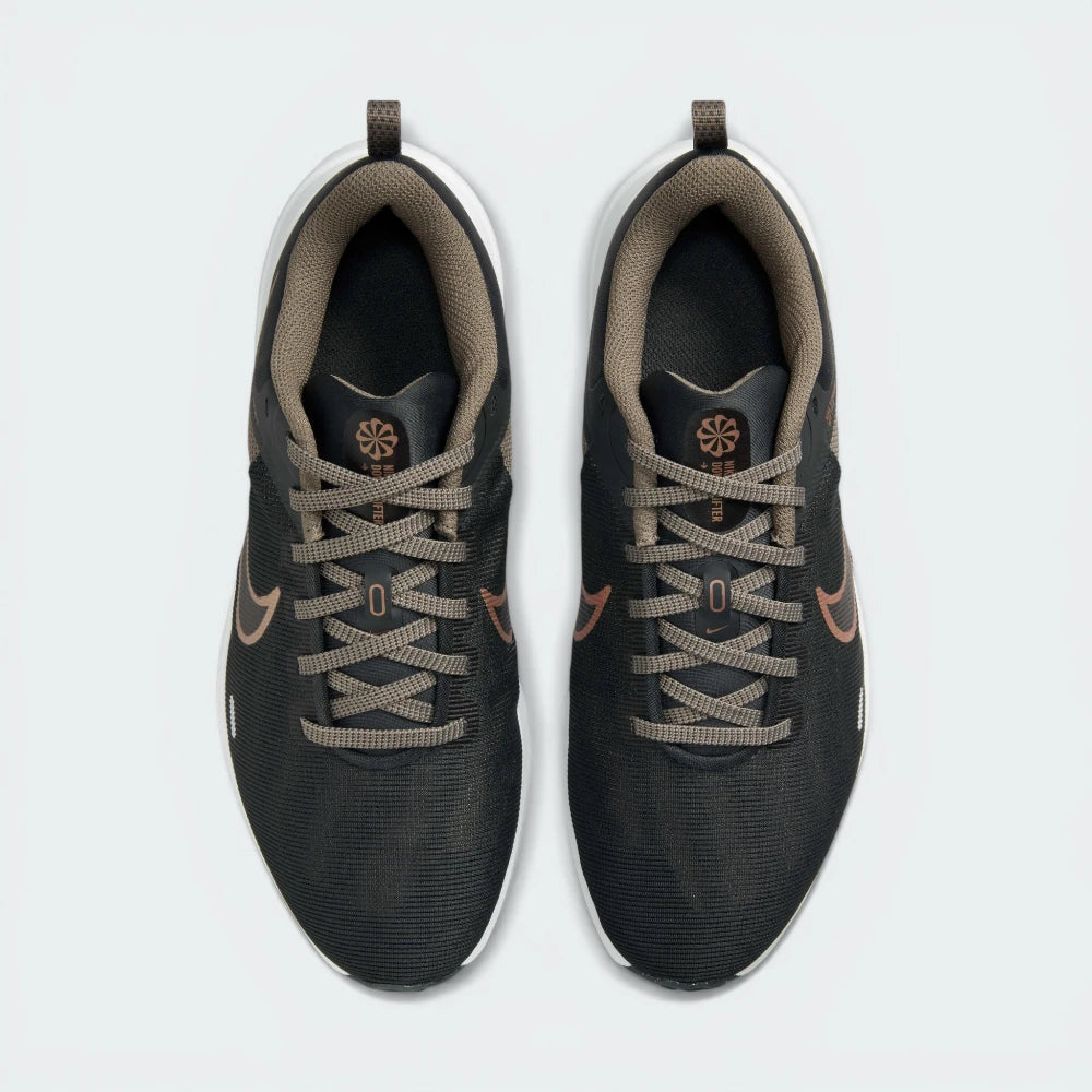 Top-Down View of Pair: Looking down at the charcoal lacing system and the breathable dark mesh forefoot.