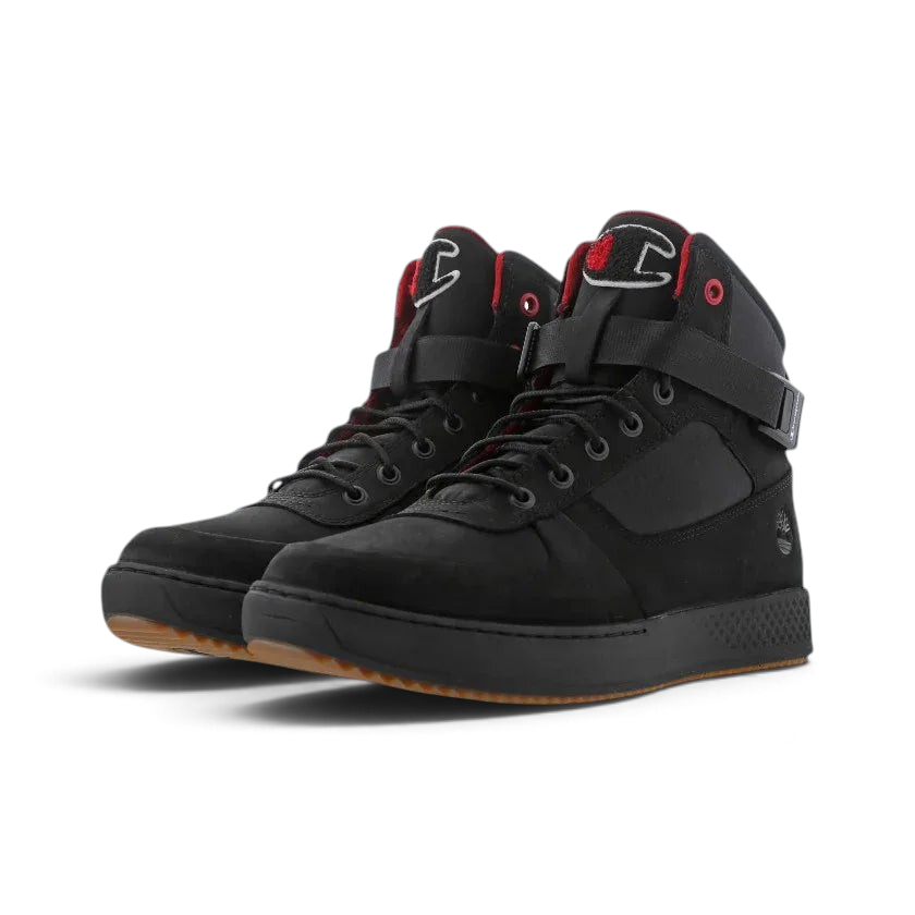 Angled view of two Timberland X Champion City Roam boots in black nubuck, side by side, showcasing their high-top silhouette and collaborative design.