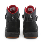 Rear view of the Timberland X Champion City Roam black boots, focusing on the structured heel and subtle collaborative branding.
