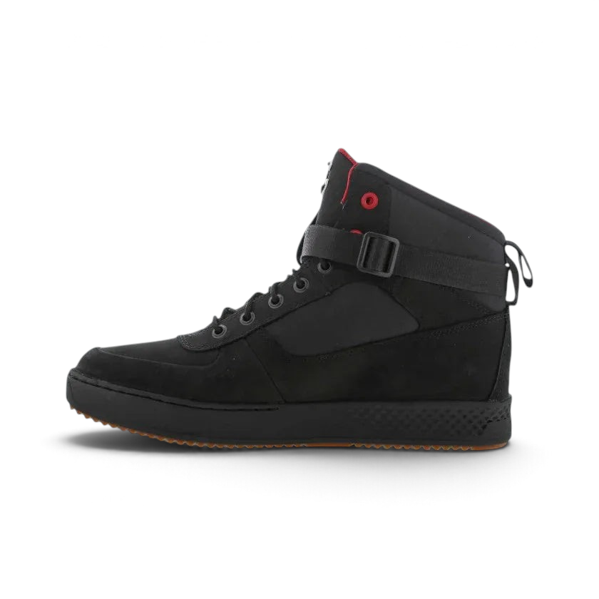 inside view of the Timberland X Champion City Roam black boots, focusing on the structured heel and subtle collaborative branding.