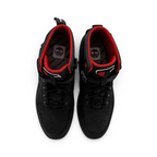 Top-down view of a pair of Timberland X Champion City Roam boots in black, highlighting the texture of the nubuck upper and the lacing system.