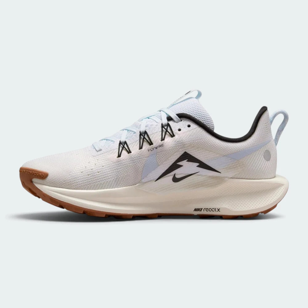 A white and light blue running shoe with black and brown accents, shown from the side profile on a light gray background.