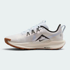 A white and light blue running shoe with black and brown accents, shown from the side profile on a light gray background.
