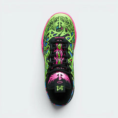 Focuses on the locked-in lacing system and the professional "Electric Lime" branding on the tongue.