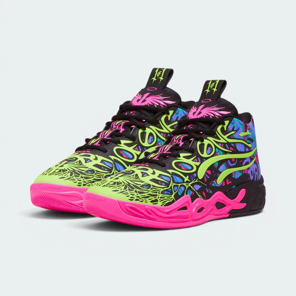 Emphasising the locked-in mid-top silhouette and the professional "Neon" colour depth.