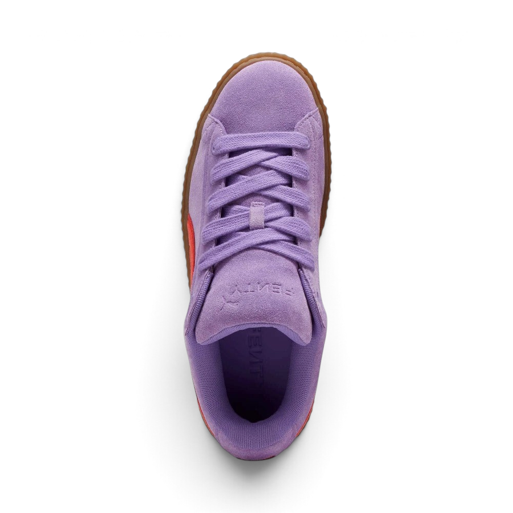 Focuses on the locked-in oversized laces and the professional finish of the padded "Lavender Alert" tongue.