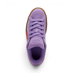 Focuses on the locked-in oversized laces and the professional finish of the padded "Lavender Alert" tongue.