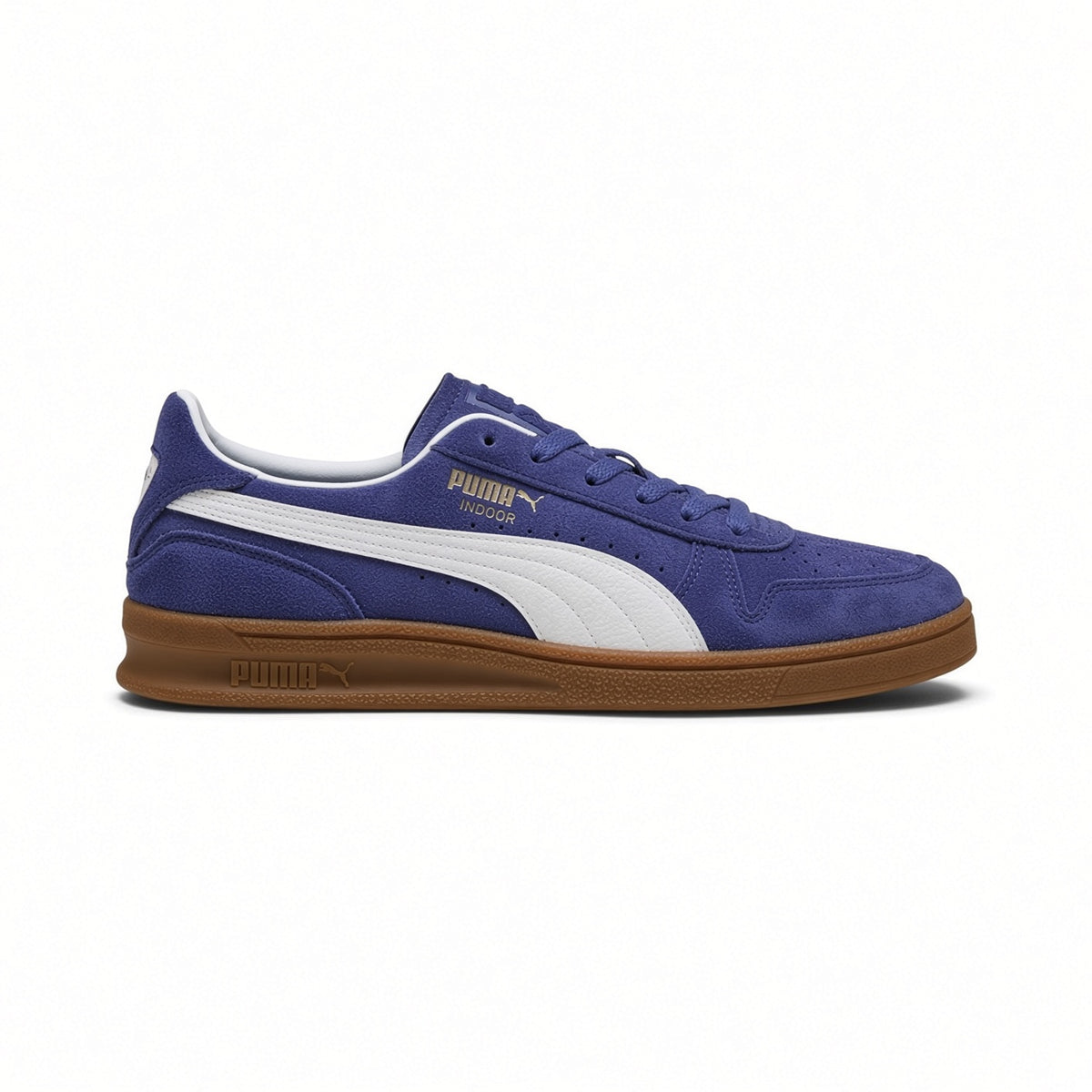 Displays the lateral silhouette featuring the rich Blue Crystal suede upper, crisp PUMA White tumbled leather Formstrip, gilded metallic "PUMA INDOOR" script, white collar lining, and low-profile gum rubber cupsole with debossed PUMA branding. Main image