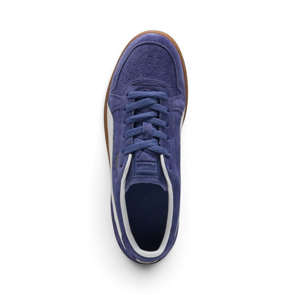 Direct overhead view of the shoe, displaying the perforated suede toe vamp, tonal Blue Crystal flat laces, embossed suede tongue, and dark cushioned footbed with white collar lining.