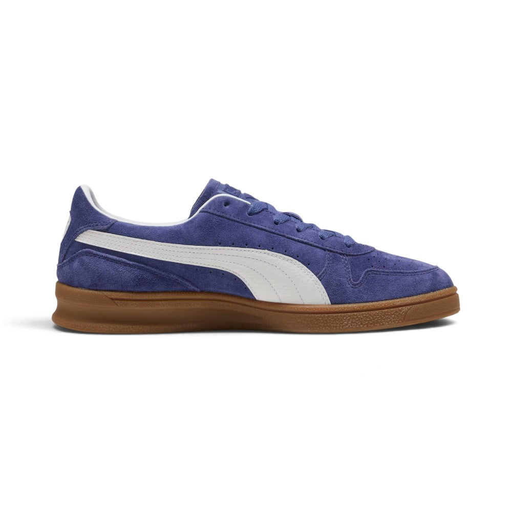 Medial perspective highlighting the inner profile of the shoe, featuring the Blue Crystal suede quarter with ventilation perforations, white tumbled leather Formstrip, reinforced heel wrap, and smooth gum rubber sidewall.