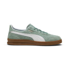 Displays the lateral silhouette featuring the soft Green Moon suede upper, crisp PUMA White tumbled leather Formstrip, gilded metallic "PUMA INDOOR" script, white leather collar lining, and low-profile gum rubber cupsole with debossed PUMA branding.