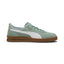 Displays the lateral silhouette featuring the soft Green Moon suede upper, crisp PUMA White tumbled leather Formstrip, gilded metallic "PUMA INDOOR" script, white leather collar lining, and low-profile gum rubber cupsole with debossed PUMA branding.