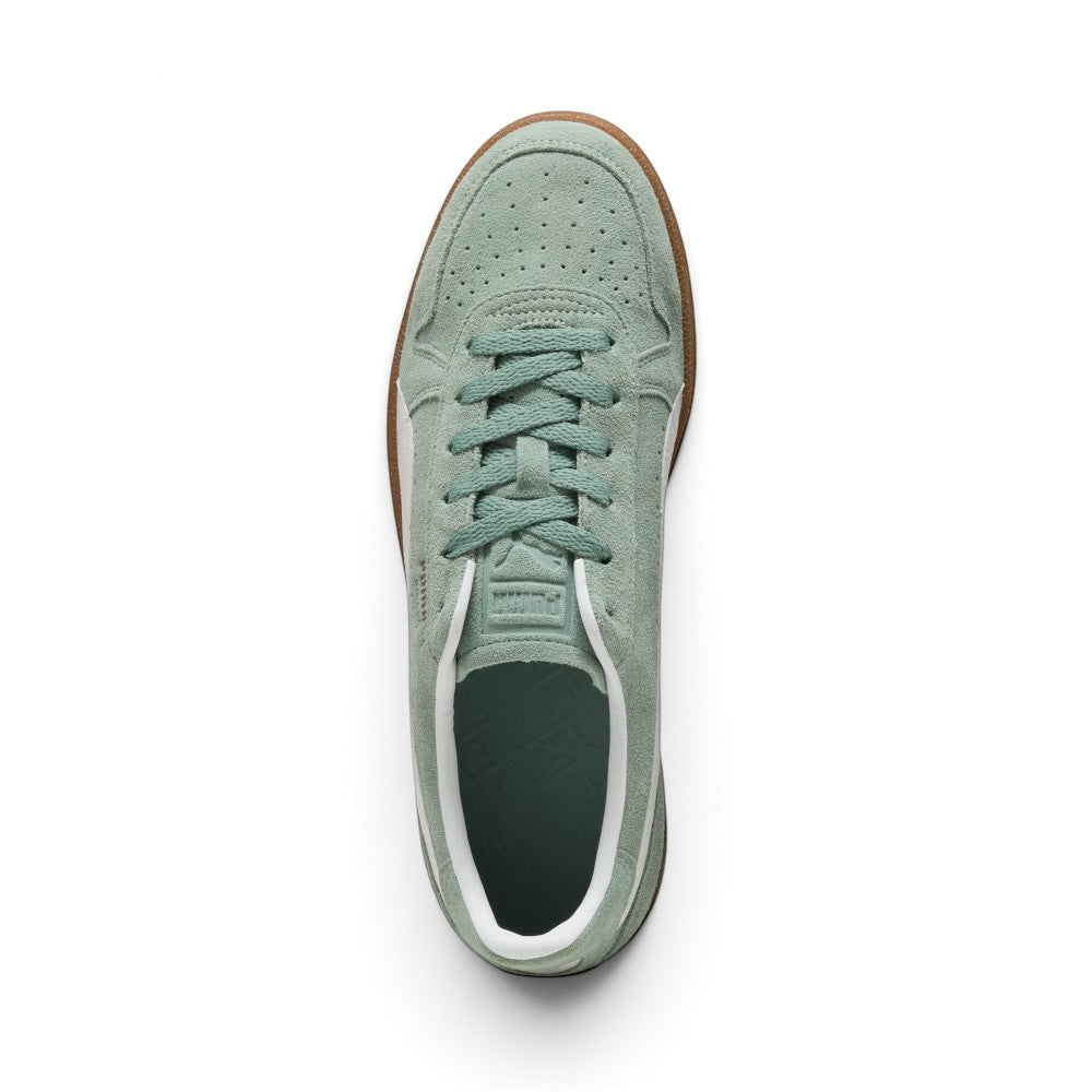 Direct overhead view of the shoe, displaying the perforated suede toe vamp, tonal Green Moon flat laces, embossed suede tongue, and dark cushioned footbed with white collar lining.