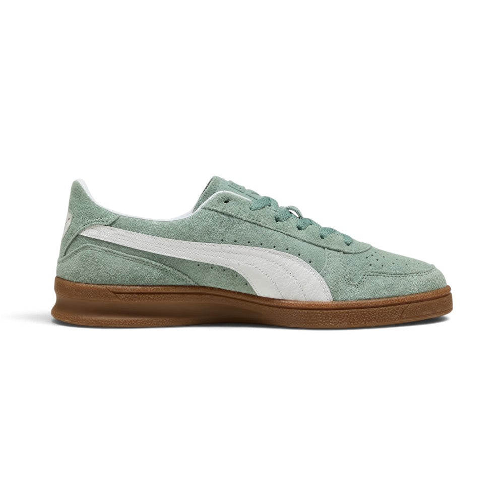 Medial perspective highlighting the inner profile of the shoe, featuring the Green Moon suede quarter with ventilation perforations, white tumbled leather Formstrip, reinforced heel wrap, and smooth gum rubber sidewall.