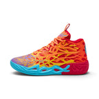 Displays the lateral silhouette featuring the fiery PUMA Red and Orange Glow woven mesh upper encased in 5D flame-wing printing, transitioning to a Purple Glimmer toe cap, sculpted light blue CMEVA foam midsole cage, and fiery red heel counter.
