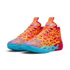 Forward three-quarter angle showcasing both shoes, highlighting the layered 5D graphic chassis, orange laces, winged "1 of 1" tongue badges, and aggressive low-to-mid basketball profile.