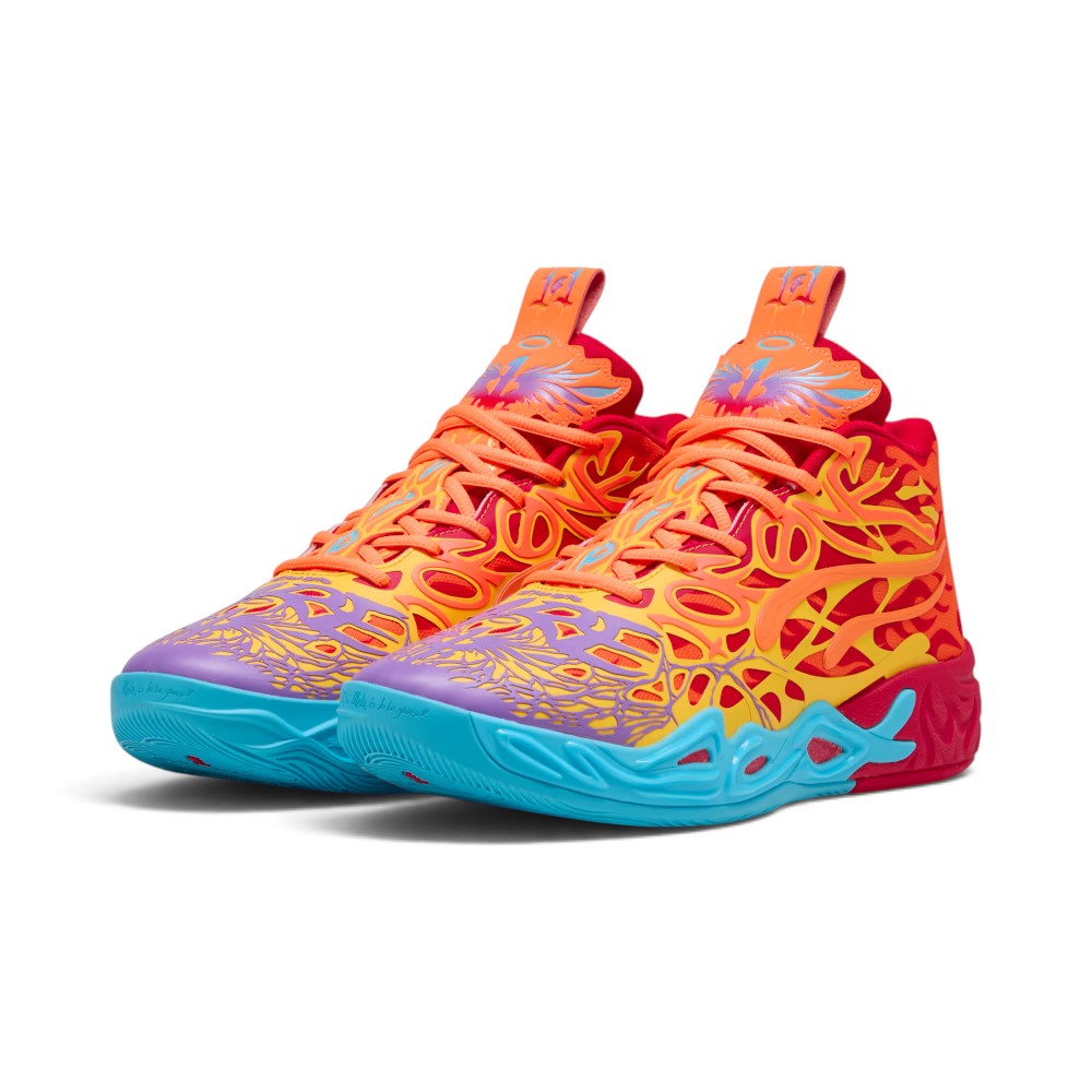 Forward three-quarter angle showcasing both shoes, highlighting the layered 5D graphic chassis, orange laces, winged "1 of 1" tongue badges, and aggressive low-to-mid basketball profile.