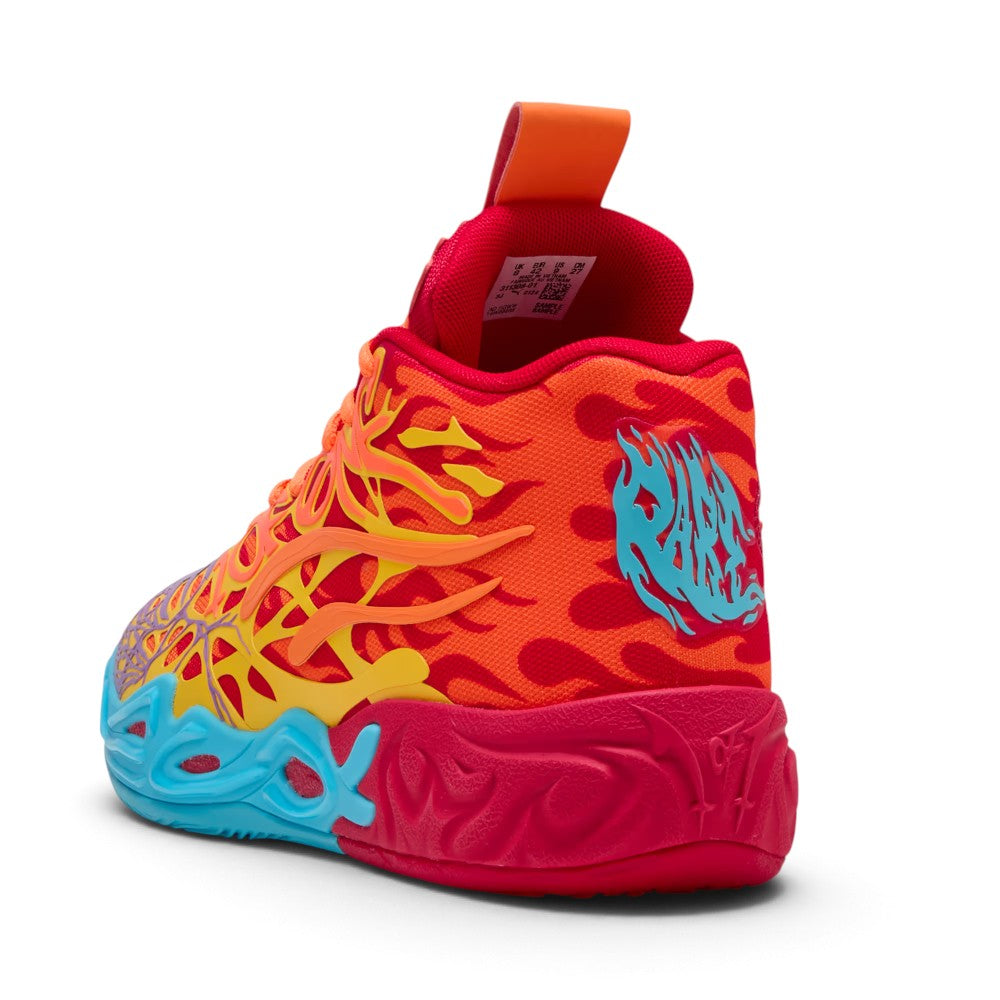 Close-up rear angle focusing on the padded red textile collar, fiery orange-and-red mesh quarter, custom icy blue flame-script "RARE" heel graphic, and sculpted red CMEVA midsole bumper with LaMelo insignia.