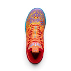 Direct overhead view of the shoe, displaying the Purple Glimmer toe box with Phoenix feather 5D print, orange lacing through hidden webbed eyelets, flame-sculpted tongue pull tab with "1 of 1" angel insignia, and padded red ankle collar.
