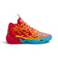 Medial perspective highlighting the inner profile of the shoe, displaying the extensive flame-wing 5D wrap with embedded "MELO" typography, breathable red mesh backing, and wave-sculpted blue-and-red midsole wrap.