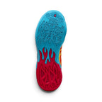 Full-length bottom profile showing the dual-tone non-slip rubber outsole, featuring an icy blue forefoot with a spaceship pivot zone and "NOT FROM HERE" lettering flowing into a red flame-tread heel with embossed "RARE" branding.