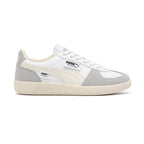 Lateral view showing the crisp Puma White smooth leather upper, Cool Light Gray suede T-toe and heel overlays, Sugared Almond suede Formstrip, distinctive fold-over lateral PUMA Palermo flap tab, and textured off-white rubber cupsole with debossed PUMA branding.
