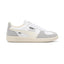 Lateral view showing the crisp Puma White smooth leather upper, Cool Light Gray suede T-toe and heel overlays, Sugared Almond suede Formstrip, distinctive fold-over lateral PUMA Palermo flap tab, and textured off-white rubber cupsole with debossed PUMA branding.