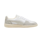 Medial perspective highlighting the inner profile of the shoe, featuring the smooth white leather quarter, Sugared Almond suede Formstrip, suede toe wrap, and clean textured cupsole sidewall.