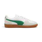 Medial perspective highlighting the inner profile of the shoe, featuring the smooth white leather quarter, Archive Green suede Formstrip, suede toe wrap, and textured gum rubber cupsole sidewall.