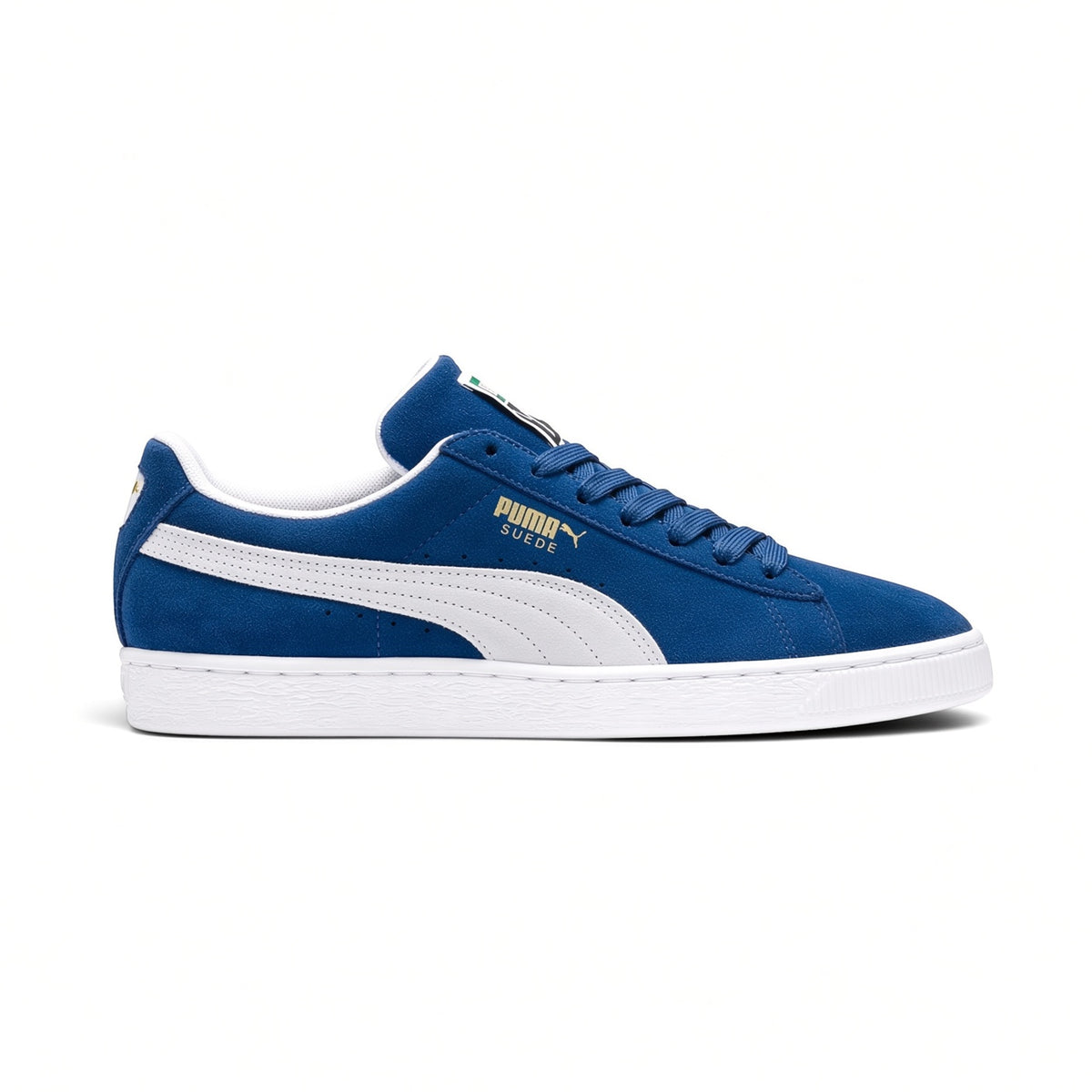 Displays the classic lateral silhouette showing the rich Olympian Blue suede upper, crisp White leather Formstrip, metallic gold foil "PUMA SUEDE" wordmark, white padded collar lining, and textured white rubber cupsole. Main image