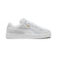 Lateral view showing the soft Silver Mist grey full suede upper, crisp White smooth leather Formstrip, gilded metallic "PUMA SUEDE XL" lateral script, amplified textured white rubber cupsole sidewalls, and chunky padded collar line.
