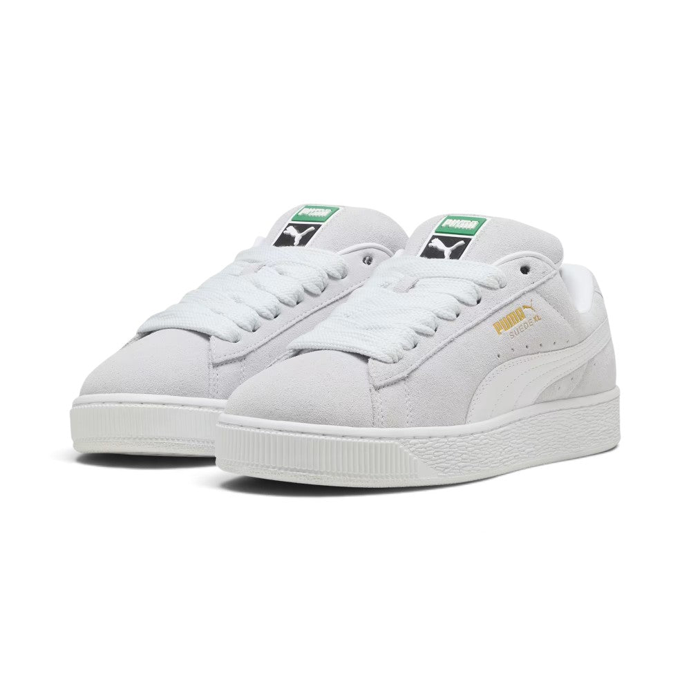 Forward three-quarter angle showcasing both shoes side by side, highlighting the exaggerated Y2K skate proportions, contrast white leather Formstrips, chunky silhouette, and bold low-top stance.
