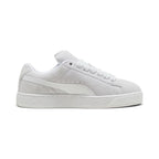 Lateral view showing the soft Silver Mist grey full suede upper, crisp White smooth leather Formstrip, gilded metallic "PUMA SUEDE XL" lateral script, amplified textured white rubber cupsole sidewalls, and chunky padded collar line.