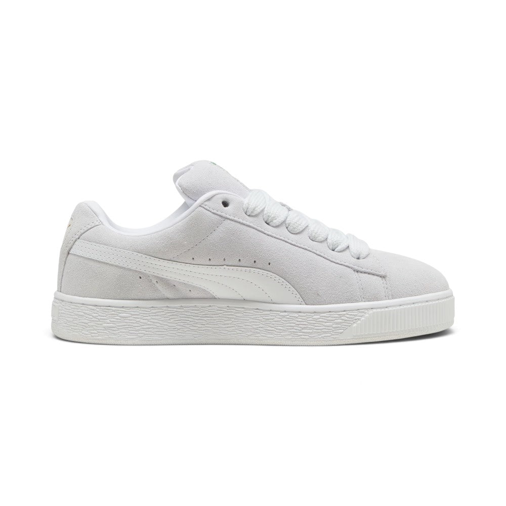 Lateral view showing the soft Silver Mist grey full suede upper, crisp White smooth leather Formstrip, gilded metallic "PUMA SUEDE XL" lateral script, amplified textured white rubber cupsole sidewalls, and chunky padded collar line.