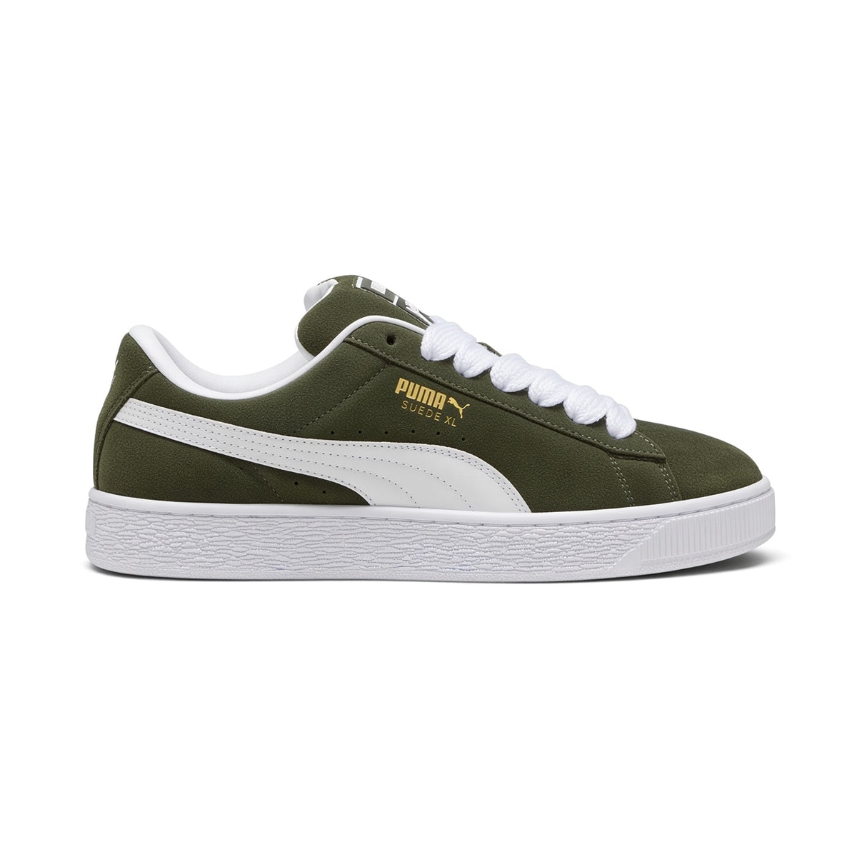 Lateral view showing the rich Dark Olive full suede upper, crisp Puma White smooth leather Formstrip, gilded metallic "PUMA SUEDE XL" lateral script, amplified textured white rubber cupsole sidewalls, and chunky padded collar line. Main image