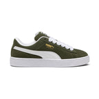 Lateral view showing the rich Dark Olive full suede upper, crisp Puma White smooth leather Formstrip, gilded metallic "PUMA SUEDE XL" lateral script, amplified textured white rubber cupsole sidewalls, and chunky padded collar line.