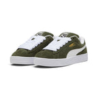 Forward three-quarter angle showcasing both shoes side by side, highlighting the exaggerated Y2K skate proportions, contrast white leather Formstrips, chunky silhouette, and bold low-top stance.