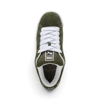 Overhead look at the shoe highlighting the Dark Olive suede toe box, ultra-wide lacing throat with chunky white fat laces, heavily padded foam tongue with retro PUMA woven label, and plush white interior collar lining.