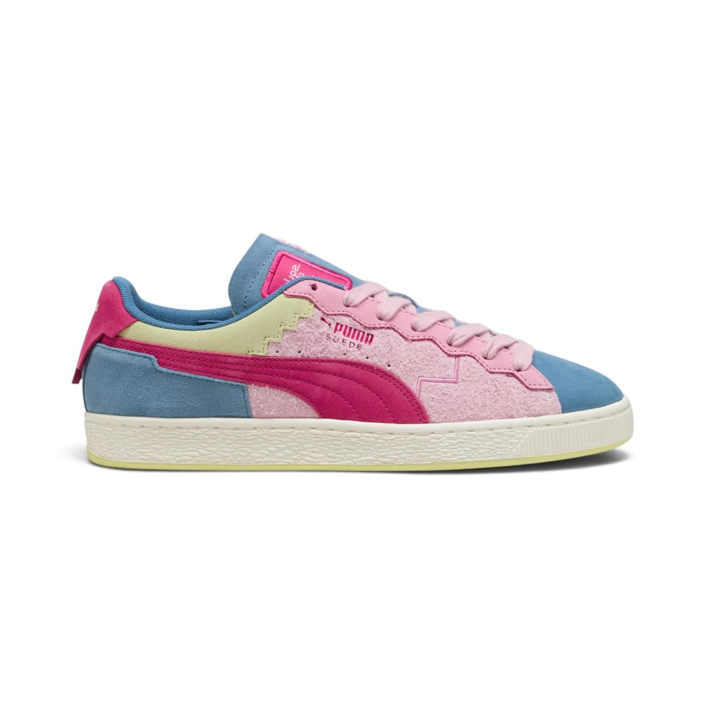 Lateral view showing the textured Orchid Shadow pink hairy suede quarter, Blue Horizon suede toe and heel panels, vibrant magenta suede Formstrip, pale yellow collar piping, stepped quarter embroidery, and textured off-white rubber cupsole with debossed PUMA branding. Main image