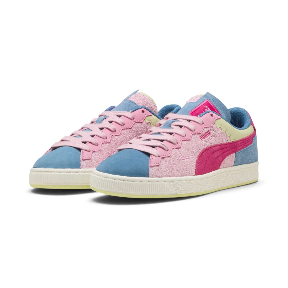Forward three-quarter angle showcasing both shoes side by side, highlighting the multi-tonal pastel panelling, scalloped eyestays, flat pink laces, blue suede toe caps, and iconic low-top silhouette.