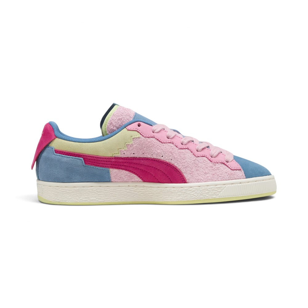 Medial perspective highlighting the inner profile of the shoe, displaying the pink hairy suede chassis, magenta suede Formstrip, pastel yellow eyestay backing, Blue Horizon heel wrap, and clean rubber foxing stitch.