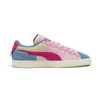 Medial perspective highlighting the inner profile of the shoe, displaying the pink hairy suede chassis, magenta suede Formstrip, pastel yellow eyestay backing, Blue Horizon heel wrap, and clean rubber foxing stitch.