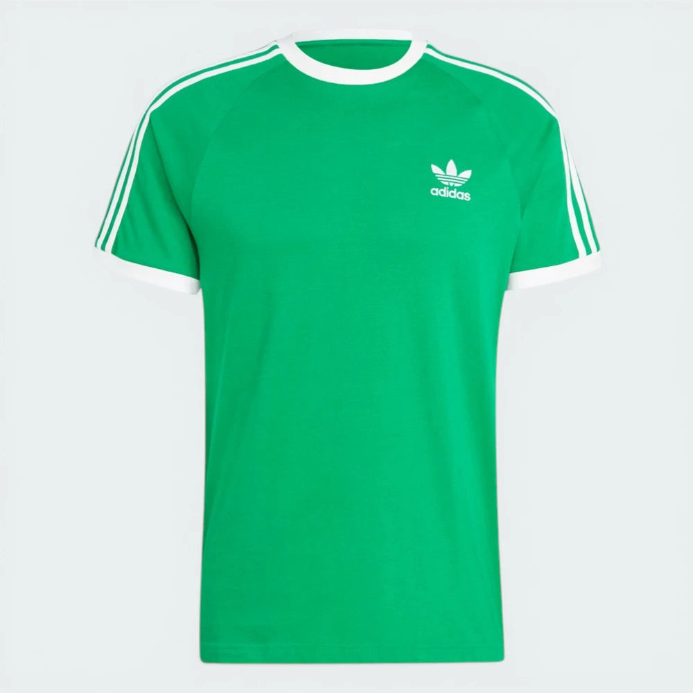 Top-down view of the tee laid flat, highlighting the contrast white round neck and the embroidered Trefoil logo on the chest.